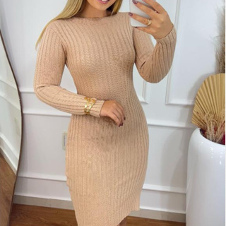 Vestido Curto Feminino Canelado Tricot Modal Premium Manga Longa Gola Redonda Fenda Lateral Inverno em Oferta na Shopee