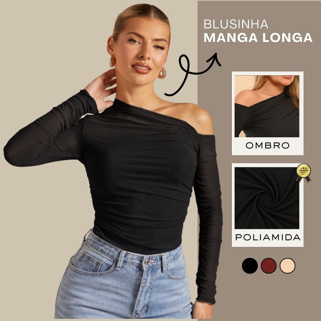 Blusa Feminina Ombro Caído Manga Longa Ajustada Moda Gringa Blogueira Frio Noite Preta Inverno