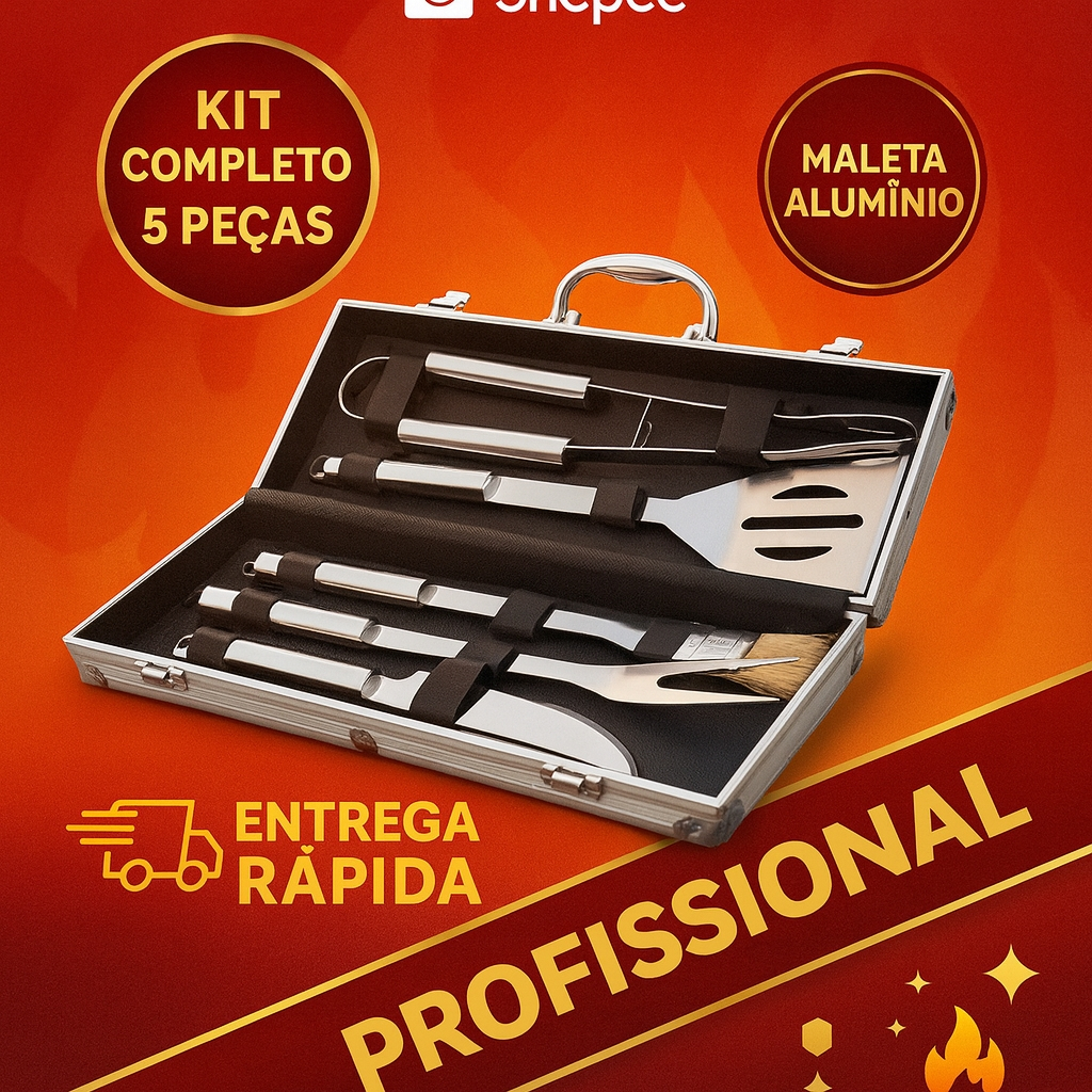 Kit Churrasco Inox 5 Peças Profissional com Maleta de Alumínio