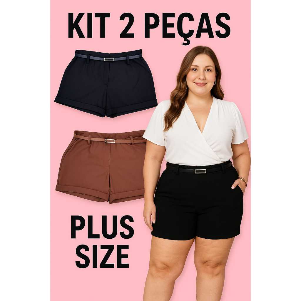 KIT 2  PLUS SIZI SHORTE ALFAIATARIA FEMININO em Oferta na Shopee