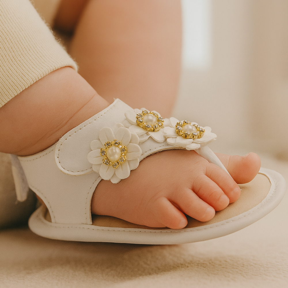 Sandalia Branca para Bebe até 1 ano Flores Verão Confortável Presente Ano Novo Reveillon