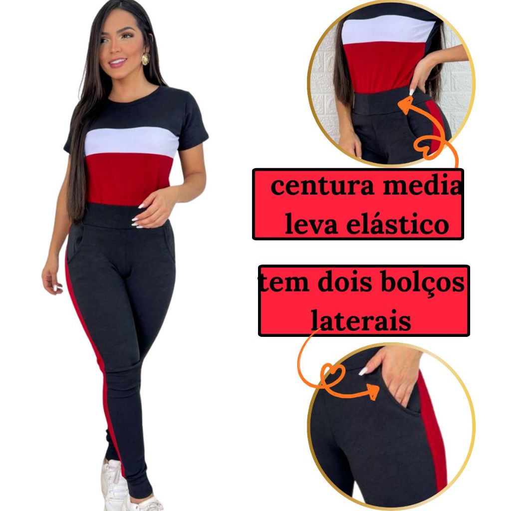 conjunto feminino manga curta e calça malha crepe comfortavél em Oferta na Shopee