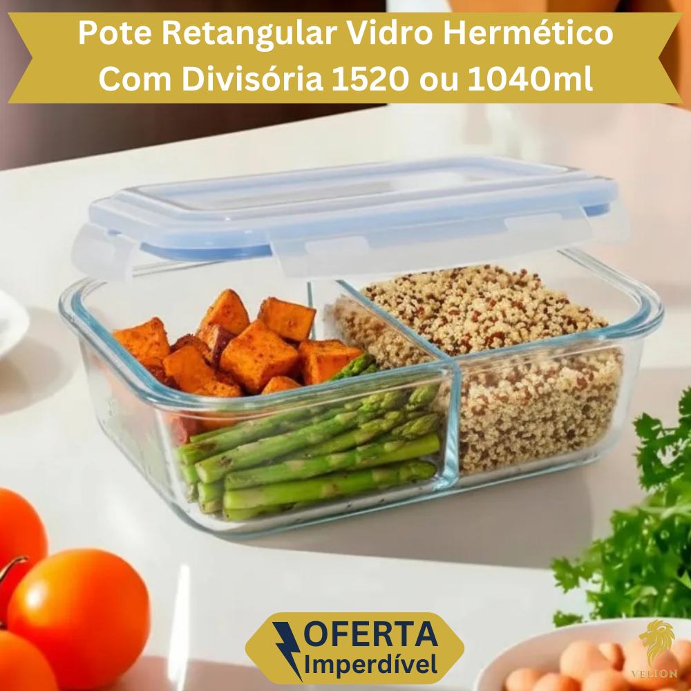Kit 5 Pote Retangular Vidro com Divisória Tampa Vedação Hermético Marmita 1520 ou 1040ml Marmiteira