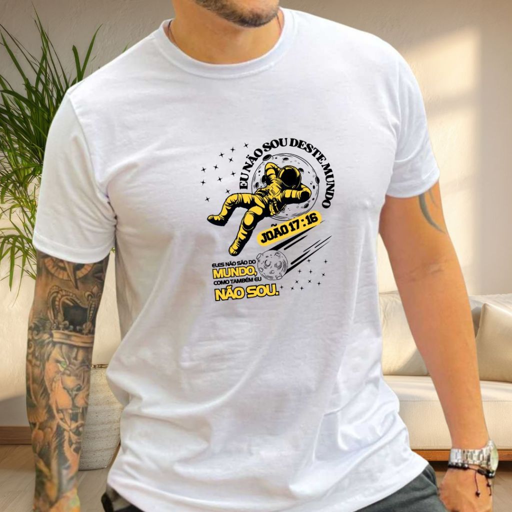 Camiseta Masculina Feminina | Estampa Católica João 17:16 | Camiseta Unissex Personalizada em Poliéster e Elastano
