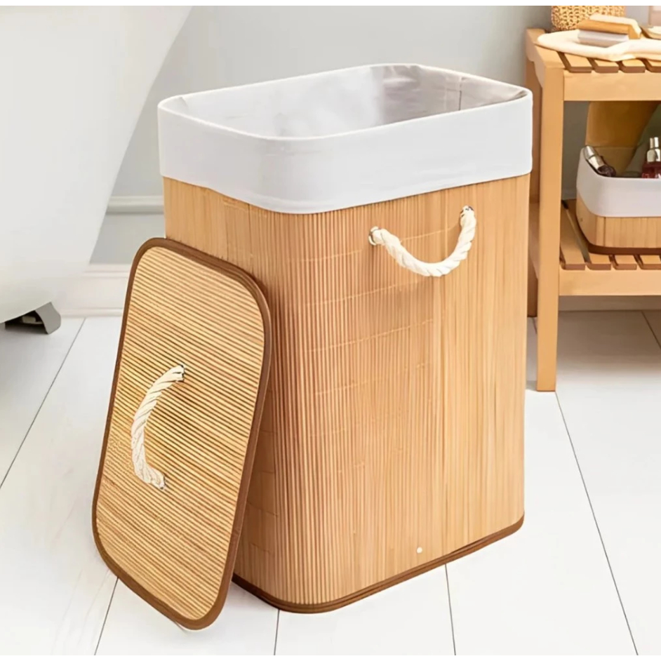 Cesto Roupa Bambu Retangular Redondo Com Tampa Cesto Oraganizador Roupa Suja Alças Banheiro Bege