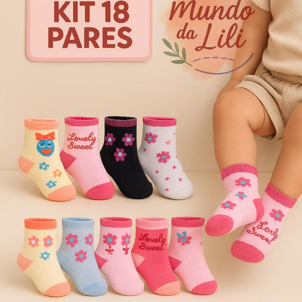 Kit 18 Pares de Meias Infantil Feminina e Bebê Menina Estampadas 0 a 12 Anos em Oferta na Shopee