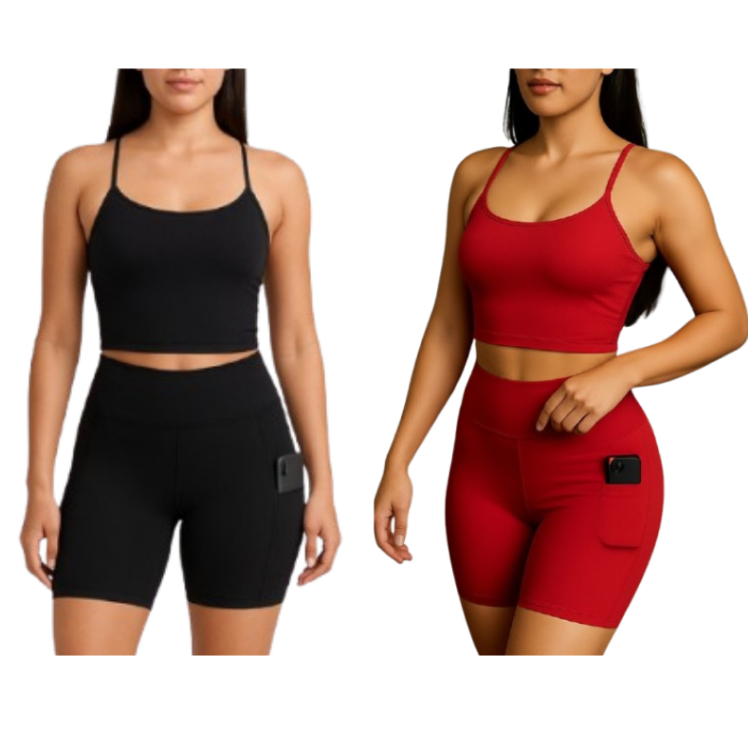 Conjunto Fitness Roupa de Academia Feminina Top de Alcinha e Short com Bolsos Laterais Celular
