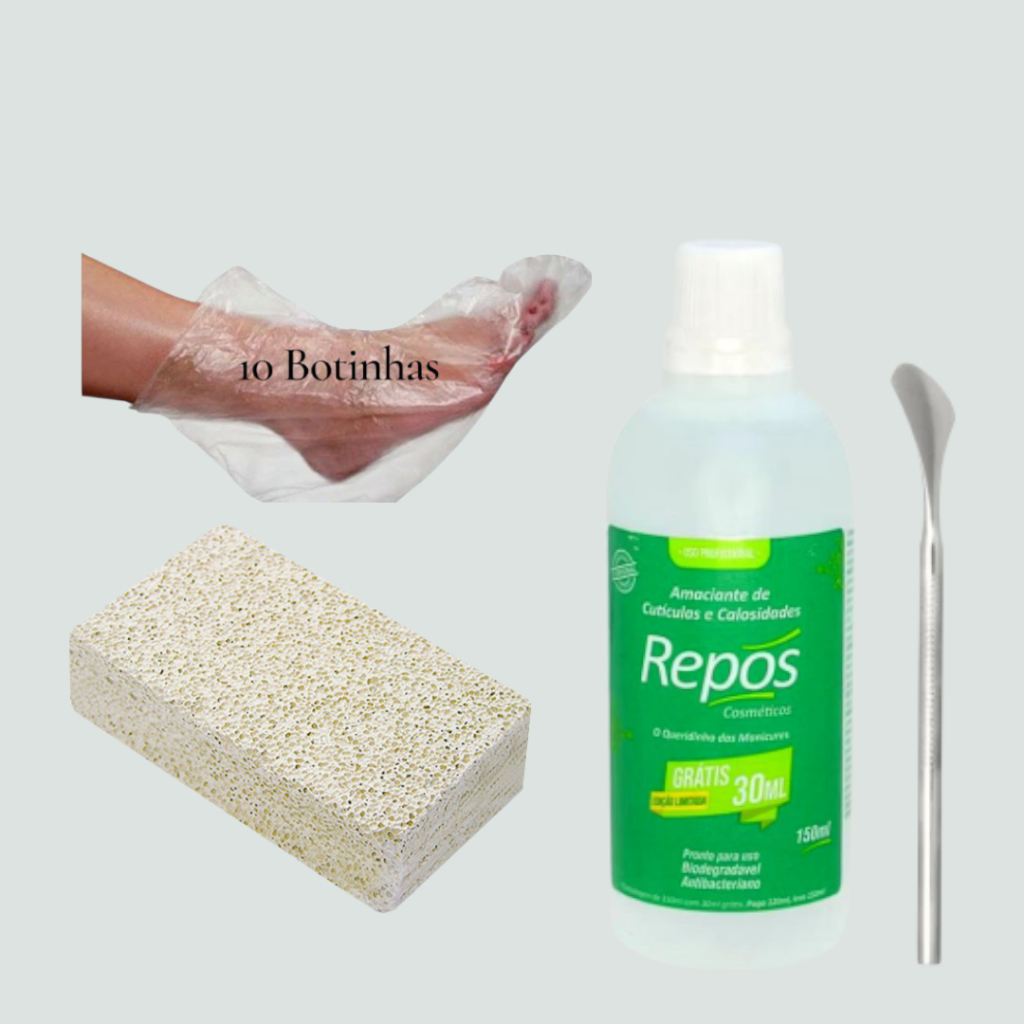 Amaciante de Cutículas e Calosidade Repos + Espátula 222 + 10 Botinhas Descartáveis+ Pedra Pomes