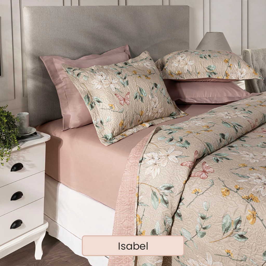 Kit Cobre Leito Casal Queen King 3 Peças Boutis Estampada Dupla Face Porta Travesseiro Aba Americana