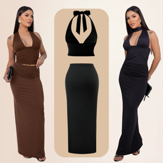 Conjunto Cropped Amarração e Saia Longa Midi Tubinho Feminino Suplex Festa, Balada gringa Sexy em Oferta na Shopee