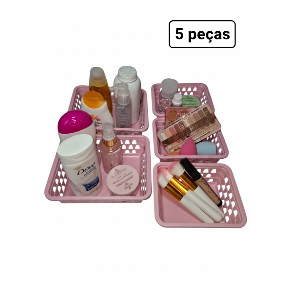 Cesto Organizador Kit 5 Medio e Pequeno Tamanhos Multiuso Casa Gaveta Prateleira Variadas