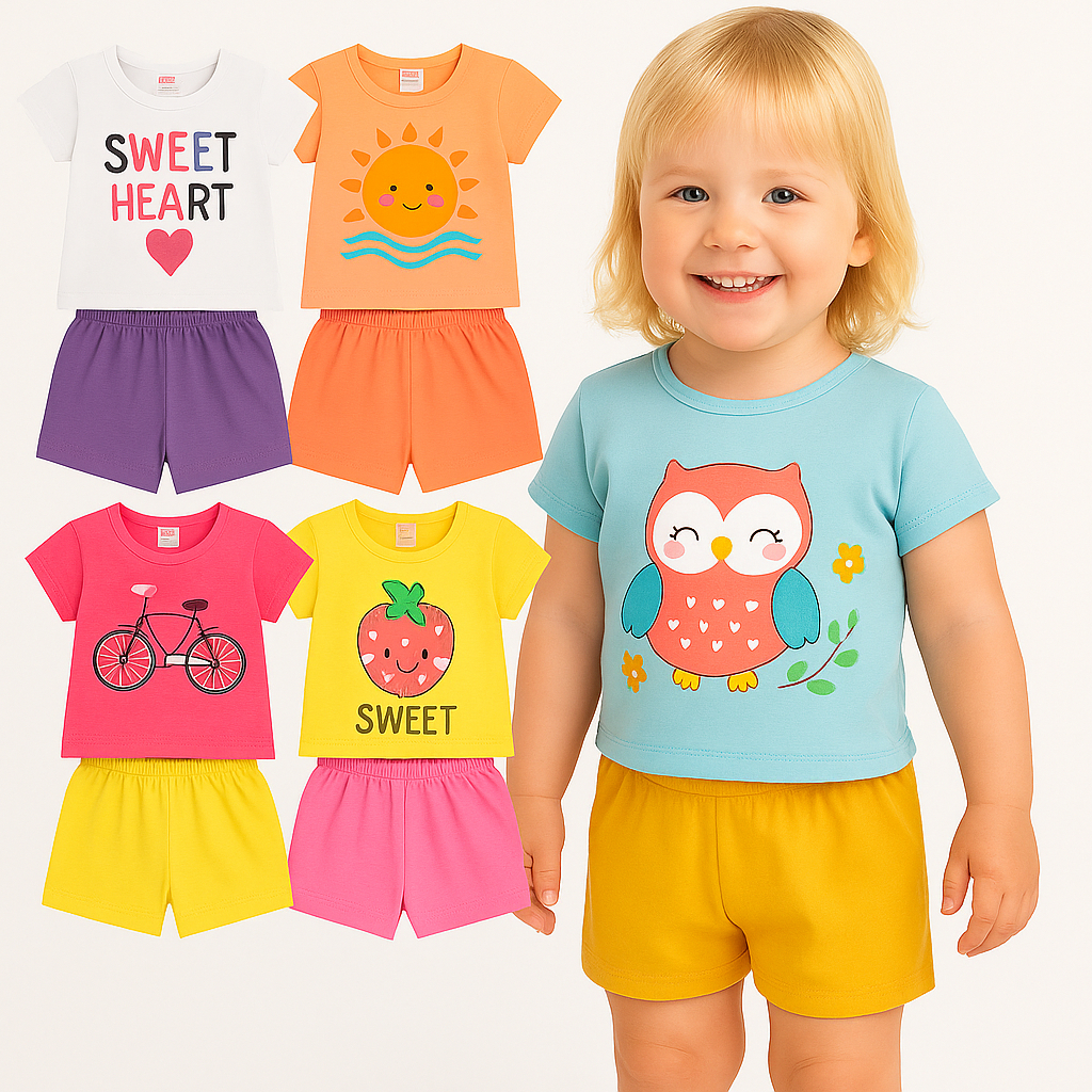 Kit 4 Peças de Roupas Infantil Menina -2 Conjuntos SORTIDOS Feminino - (2 Camisetas + 2 Shorts = 4 peças)