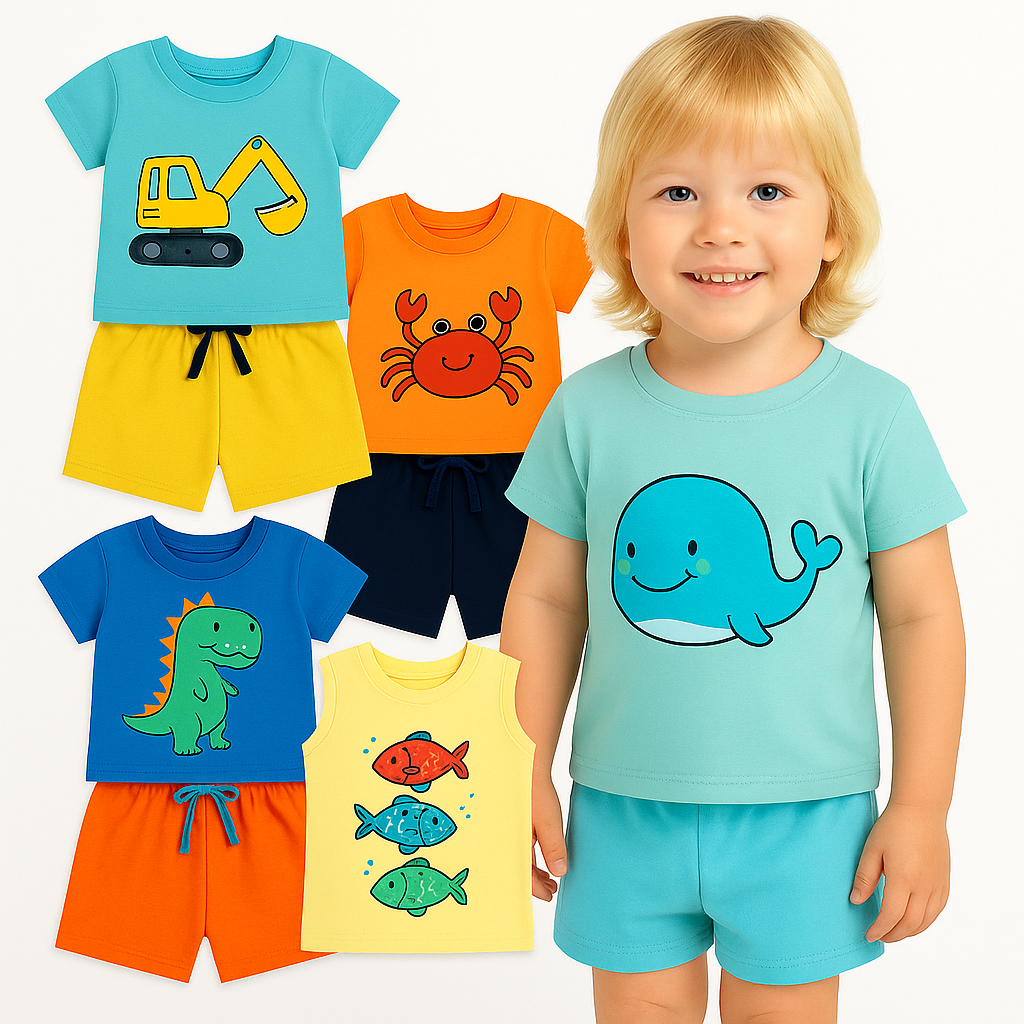 Kit Sortido 4 Peças de Roupas Infantil Menino-Masculino- 2 Camisetas + 2 Bermudas  - Roupa Infantil Menino