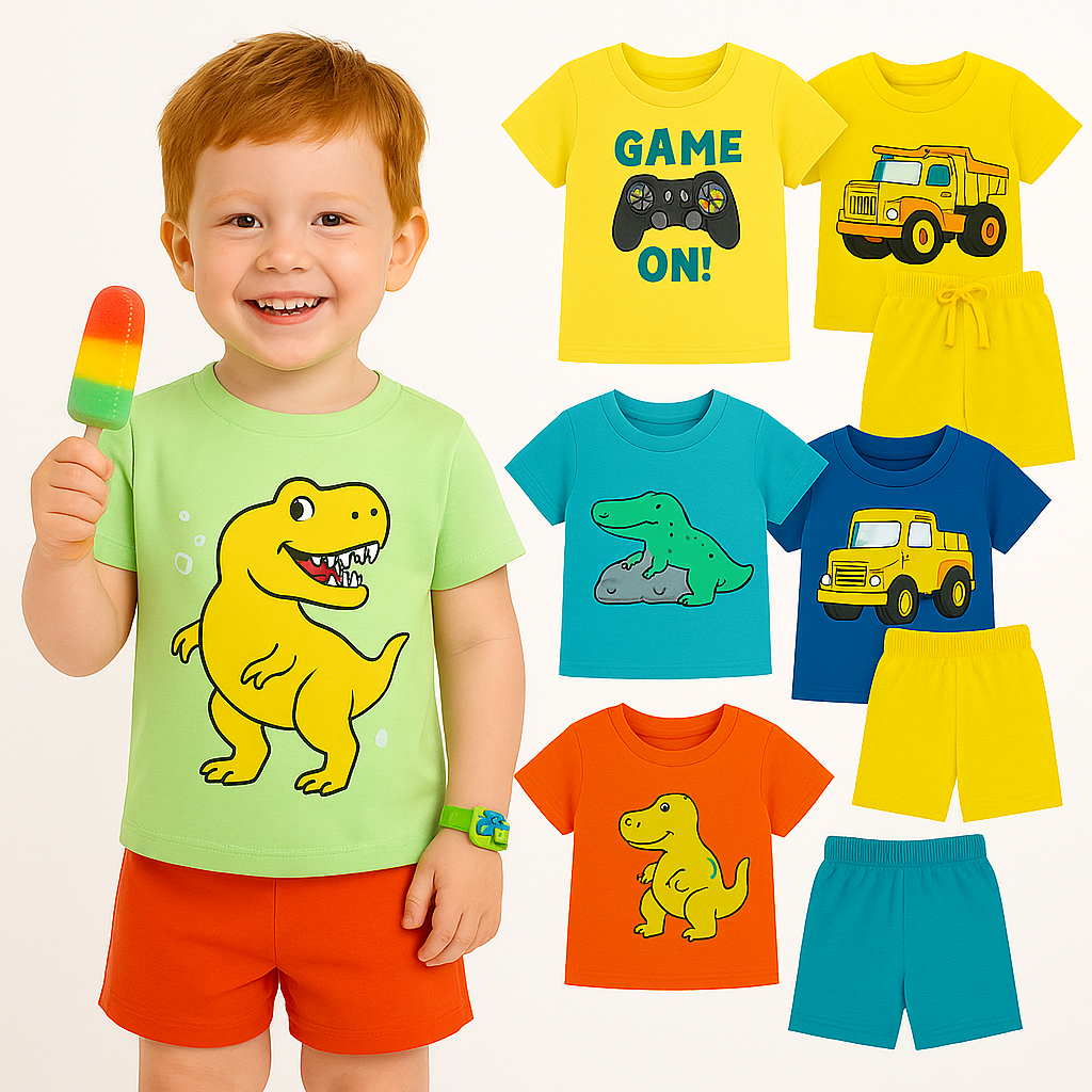 Kit 6 Peças de Roupa Infantil Menino Verão - 3 Conjuntos Masculino Infantil Verão - Estampas Sortidas