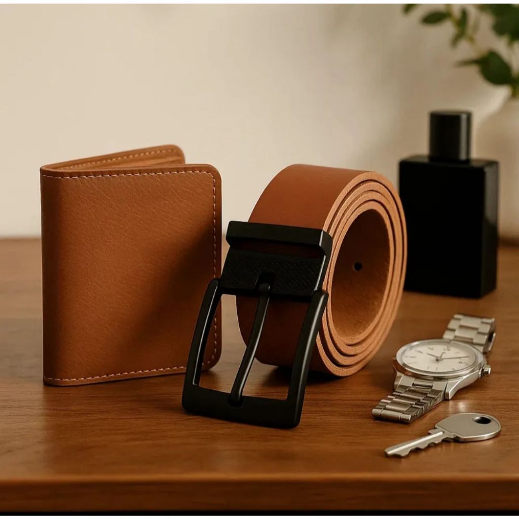 Kit Presente Natal Masculino Carteira Masculina + Cinto Social Couro Legítimo Luxo Fivela Preta Premium