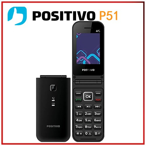 Celular POSITIVO P51, Flip, Função Modem, 4G, Câmera Traseira, Tela 2,4” LCD, Rádio FM, Botão SOS, Dual SIM Preto