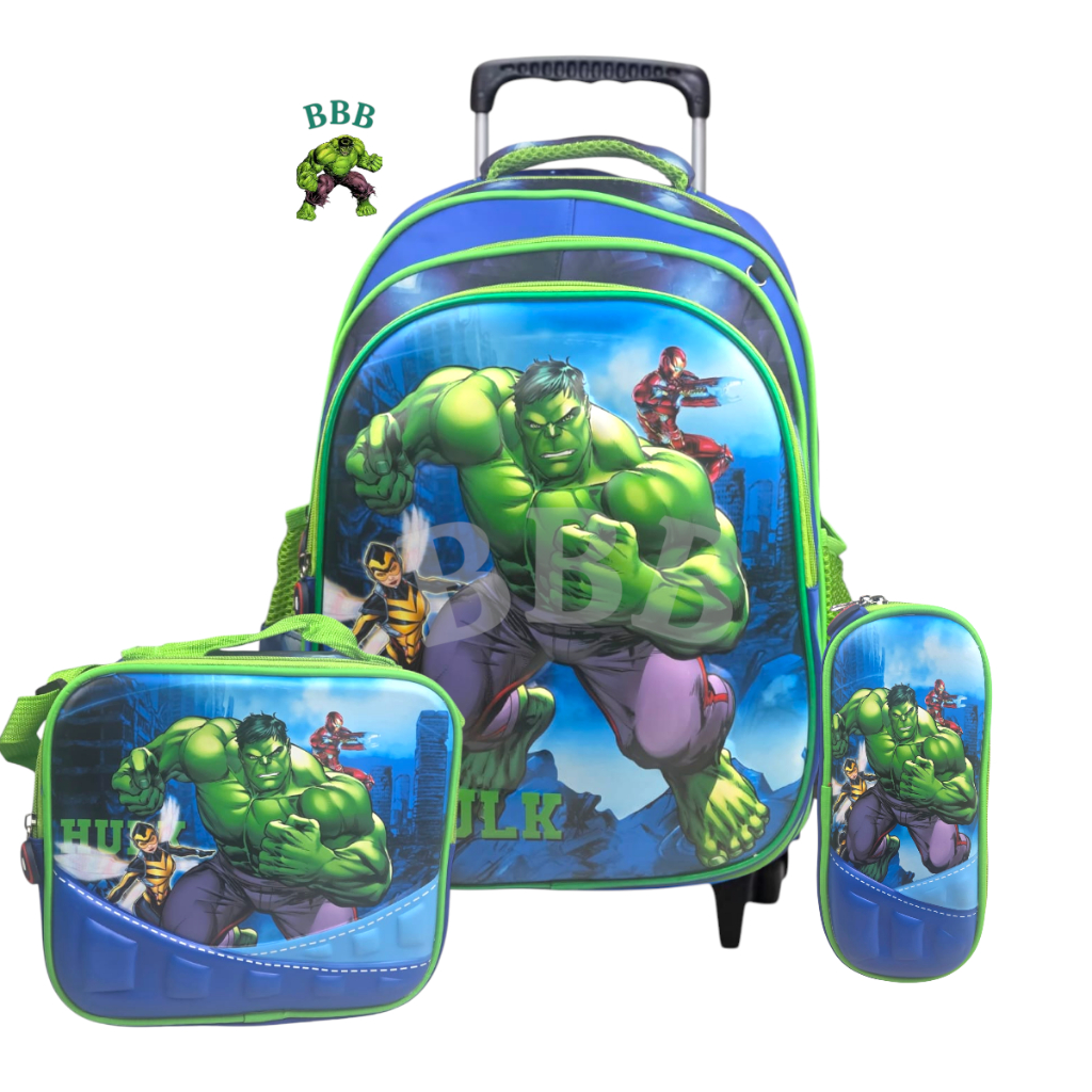 💚 Kit mochila com Rodinha Escolar Hulk 3D + Lancheira + Estojo + Brinde!