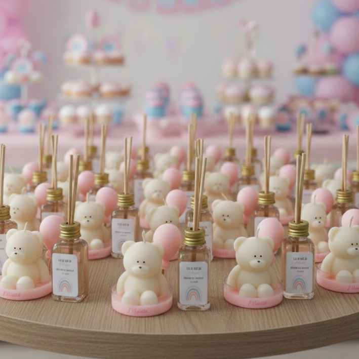Kit 50 Vela Lembrancinha Urso + Difusor  - Aniversário - Chá de bebê - Maternidade - Chá Revelação - Tag Personalizado