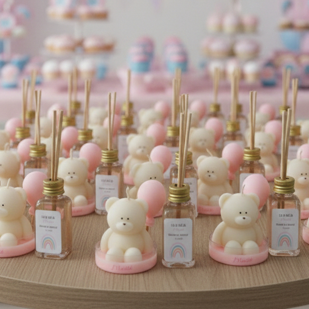 Kit 30 Vela Lembrancinha Urso + Difusor  - Aniversário - Chá de bebê - Maternidade - Chá Revelação - Tag Personalizado