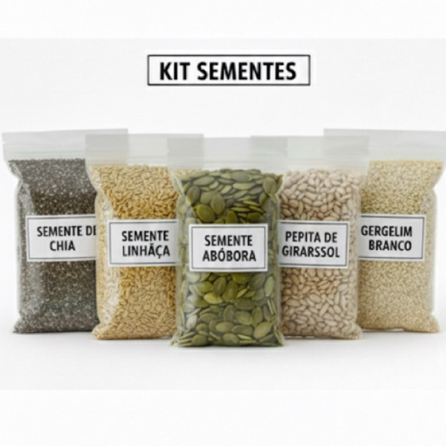 Kit 5 Sementes Naturais 🌱 Chia + Linhaça + Girassol + Abóbora + Gergelim em Oferta na Shopee