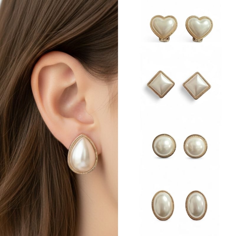 Brinco vintage de pressão pérola shell folheado a ouro gota/ coração/ quadrado/ círculo/ oval - Bijoux by Vivi em Oferta na Shopee