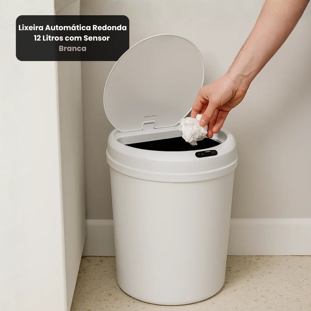 Lixeira Automática Sensor Capacidade 12 Litros Redonda Recarregável Moderno Branco Cinza