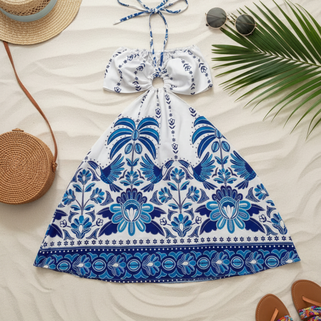 Vestido de Férias Casual Azul e Branco com Estampa Floral, com Cintura Franzida e Decote V...