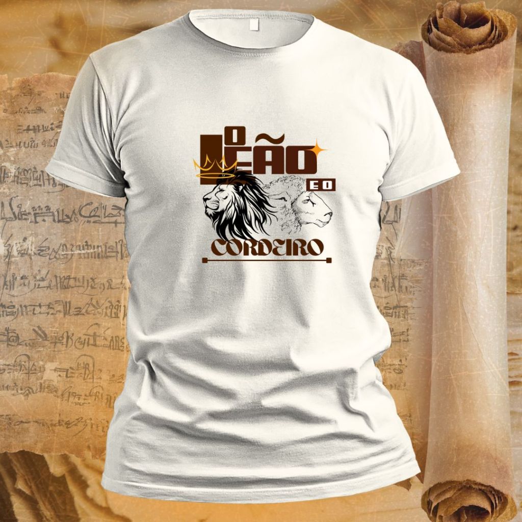 Camiseta Masculina Feminina | Estampa Católica Leão e Cordeiro | Camiseta Unissex Personalizada em Poliéster e Elastano