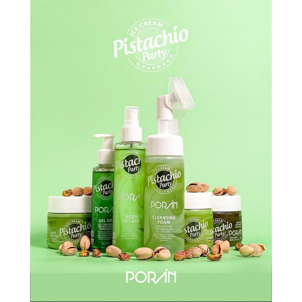Linha Completa Corporal Ice Cream Pistachio Party Porán Mousse Esfoliante Oil Body Splash Manteiga Corporal Pistache