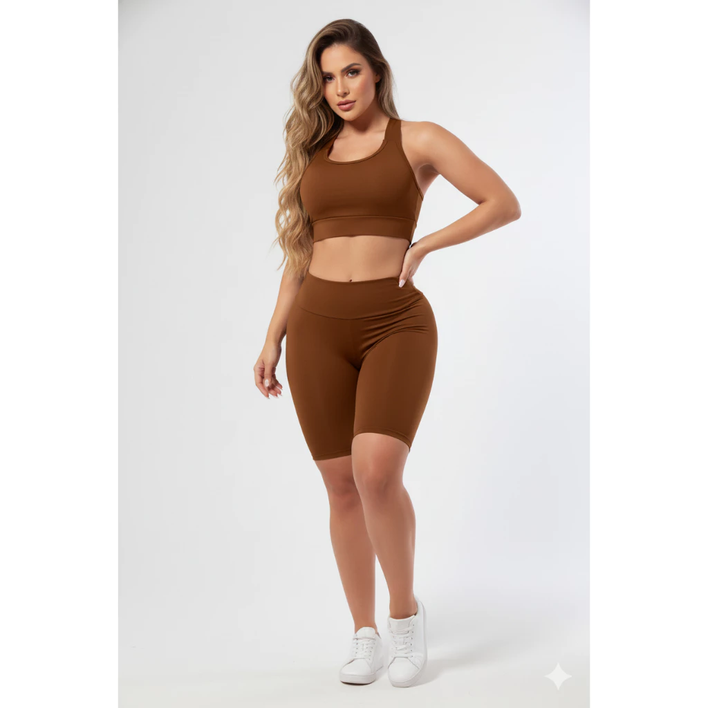 Conjunto Fitness Ciclista Top E Bermuda Cos Alto Roupas Feminina Para Academia Suplex A09 — imagem 1
