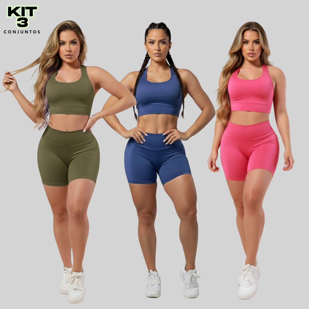 Kit 3 Conjuntos Fitness Top e Short  Para Academia Roupas Femininas Ginástica Suplex A11