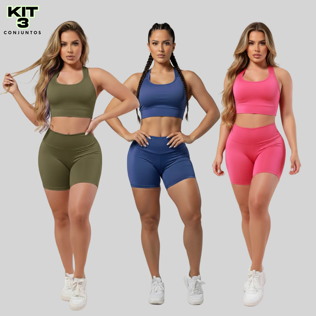 Kit 3 Conjuntos Fitness Top e Short  Para Academia Roupas Femininas Ginástica Suplex A11 — imagem 1