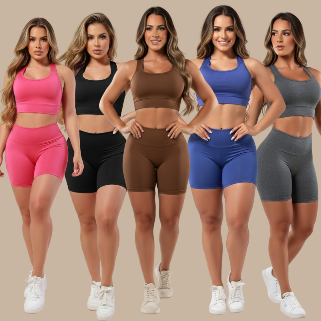 Kit 05 Conjuntos Fitness Femininos A11 – Short e Top para Academia Liso e Estampado em Oferta na Shopee