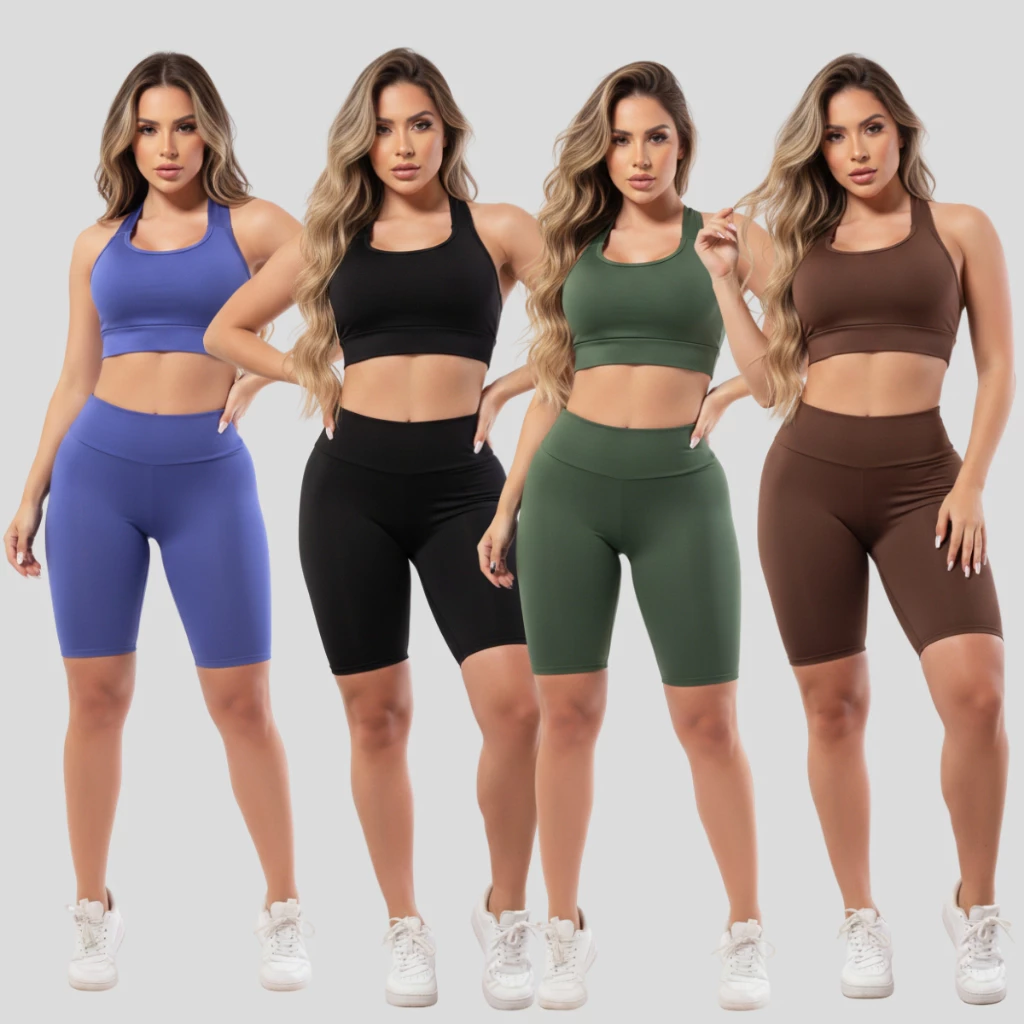 Kit 4 Conjuntos Fitness Bermuda + Top Roupas Femininas Para Academia Revenda Ginástica A09