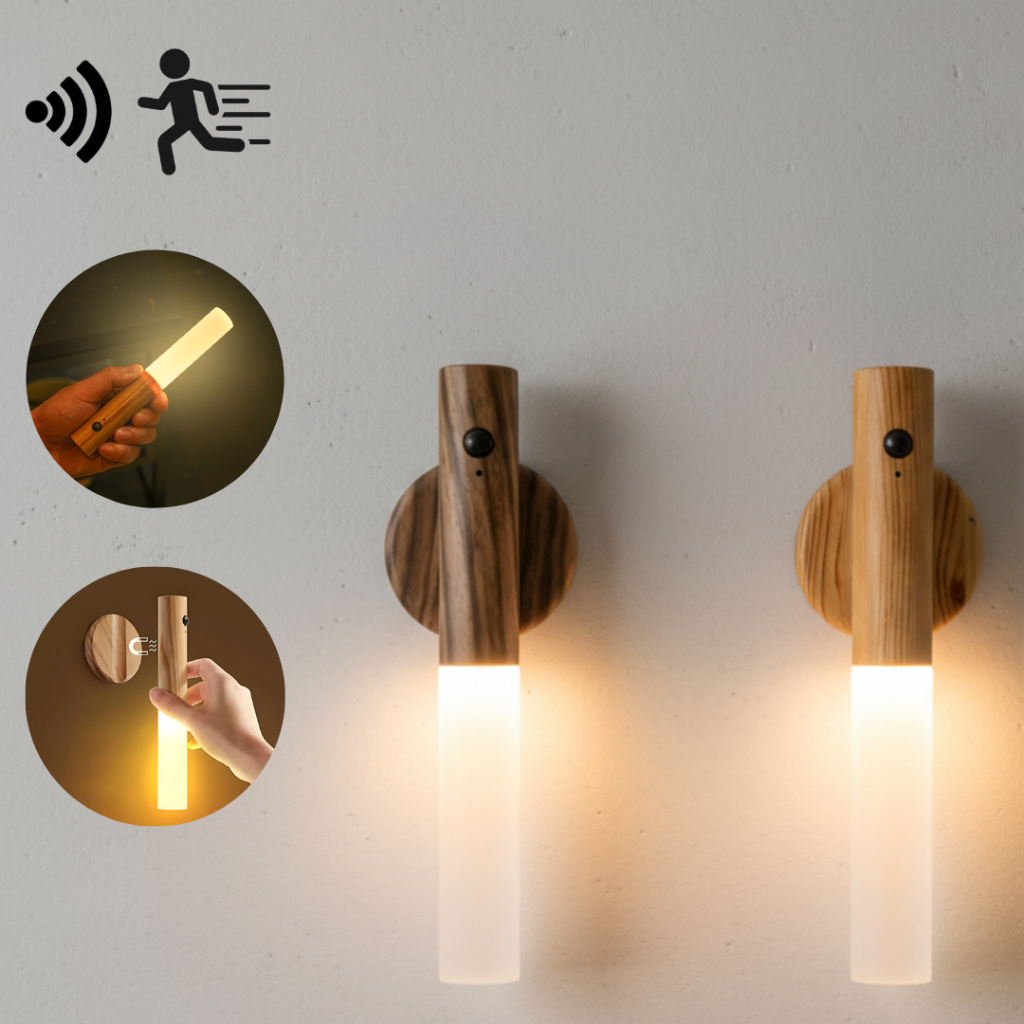 KIT 2/3/4 Luminárias Led Recarregável Sensor de Movimento Arandela de Madeira Minimalist Mesa Parede Magnética