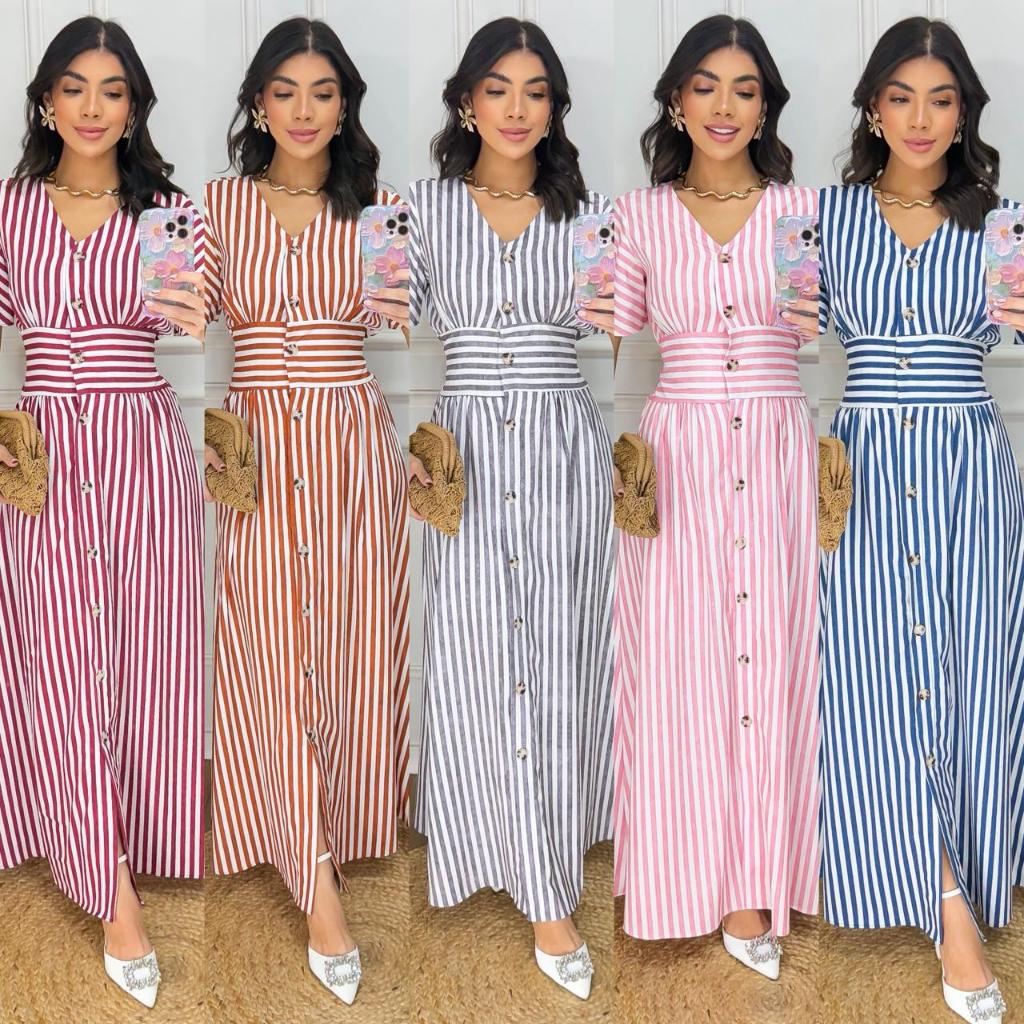 Vestido Longo Listrado Feminino Vestido Longo com Botões em Oferta na Shopee
