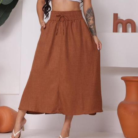 Saia Longa duna linho Com Bolsos e cintura com Elástico Moda Casual em Oferta na Shopee