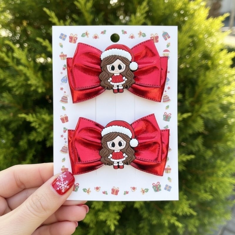 Par de Laços de Natal Vermelhos Temáticos – Papai Noel, Minnie, Rena, Stitch e Outros Personagens | Laço Infantil