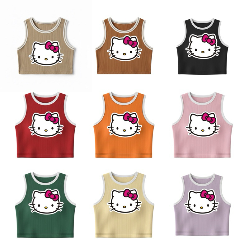 Kit 3 Regatas Cropped Canelada Hello Kitty Feminina Ursinho Kawaii Blogueira Streetwear