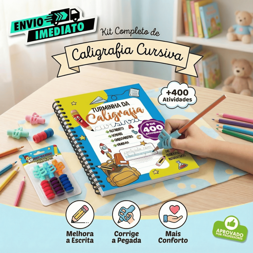 Livro Infantil Caderno De Caligrafia 400 Atividades Letra Cursiva c/ Adaptador de Escrita em Oferta na Shopee