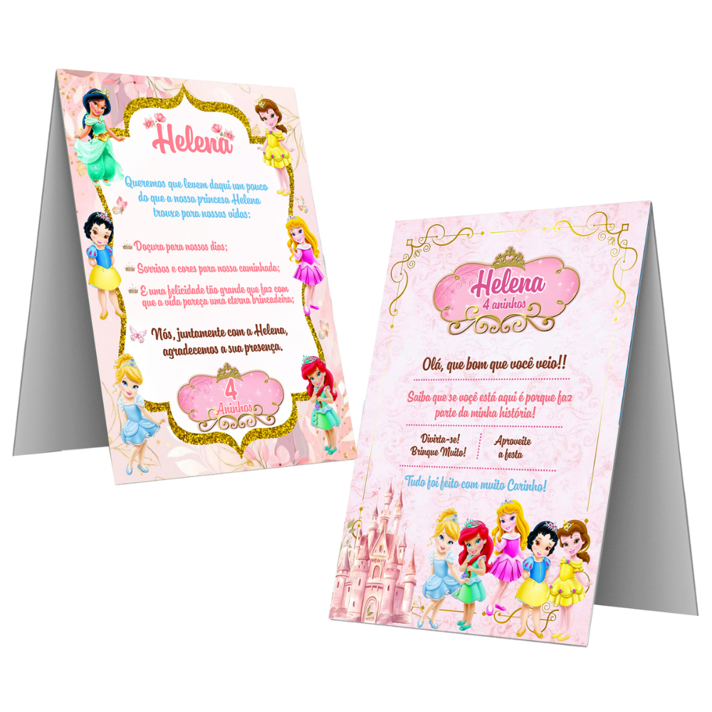 Plaquinha de Mesa Princesas – Cartão de Agradecimento Festa Infantil Aniversário Personalizado