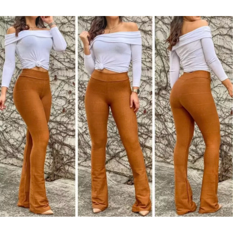 Calça flare bandagem Caramelo cintura alta moderna