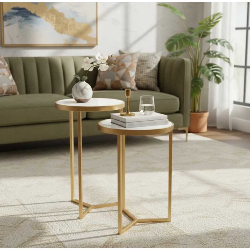 Conjunto de Mesa Lateral Aço Com Espelho Dourado