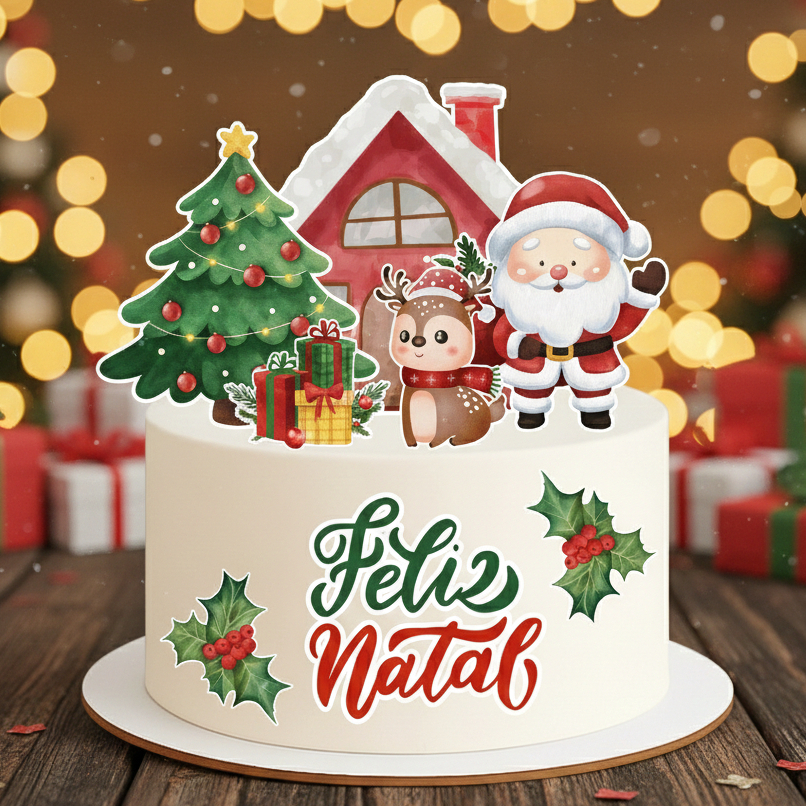 ENVIO RÁPIDO- Topo de Bolo Natalino, Topo de Bolo Feliz Natal Topper Natal, Papai Noel, Arvore Natal
