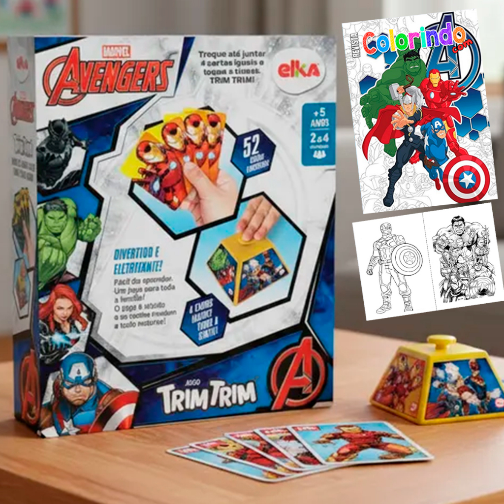 Jogo De Cartas Trim Trim Vingadores Elka Brinquedos de Menino e Menina + Revista de Colorir Presente