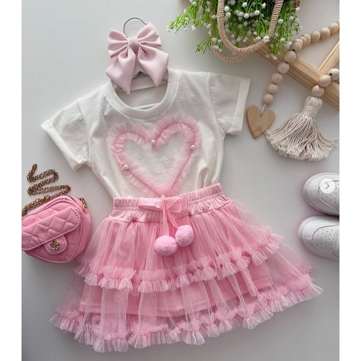 Conjunto Infantil Feminino com Saia de Tule com Glitter – Look Menina Fashion Blogueirinha Festa em Oferta na Shopee