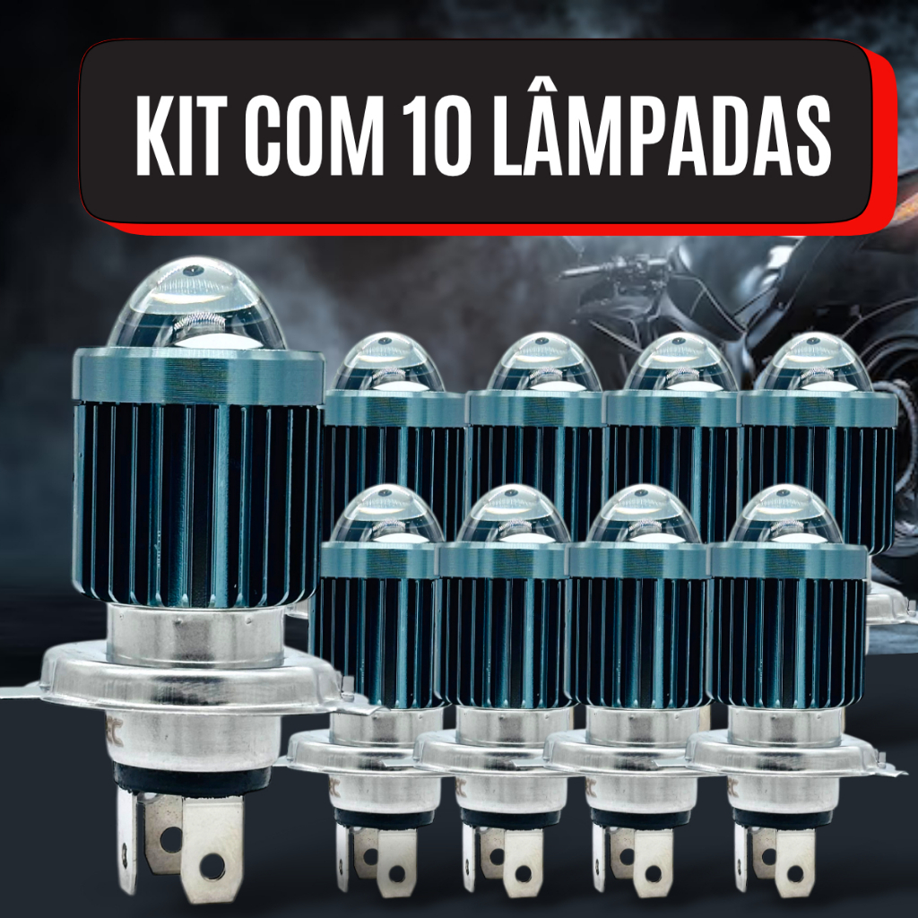 Kit 10 Lâmpada Led Moto H4 Ba20d 6500k Olho De Peixe Potente H4