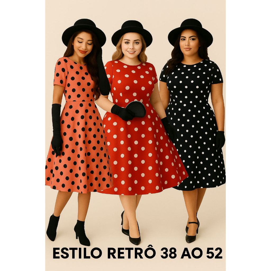Vestido Retrô Bolinhas Poá vintage anos 60 70 Rodado Moda Evangélica Plus Size Manga Princesa Elegante Comportado Casual