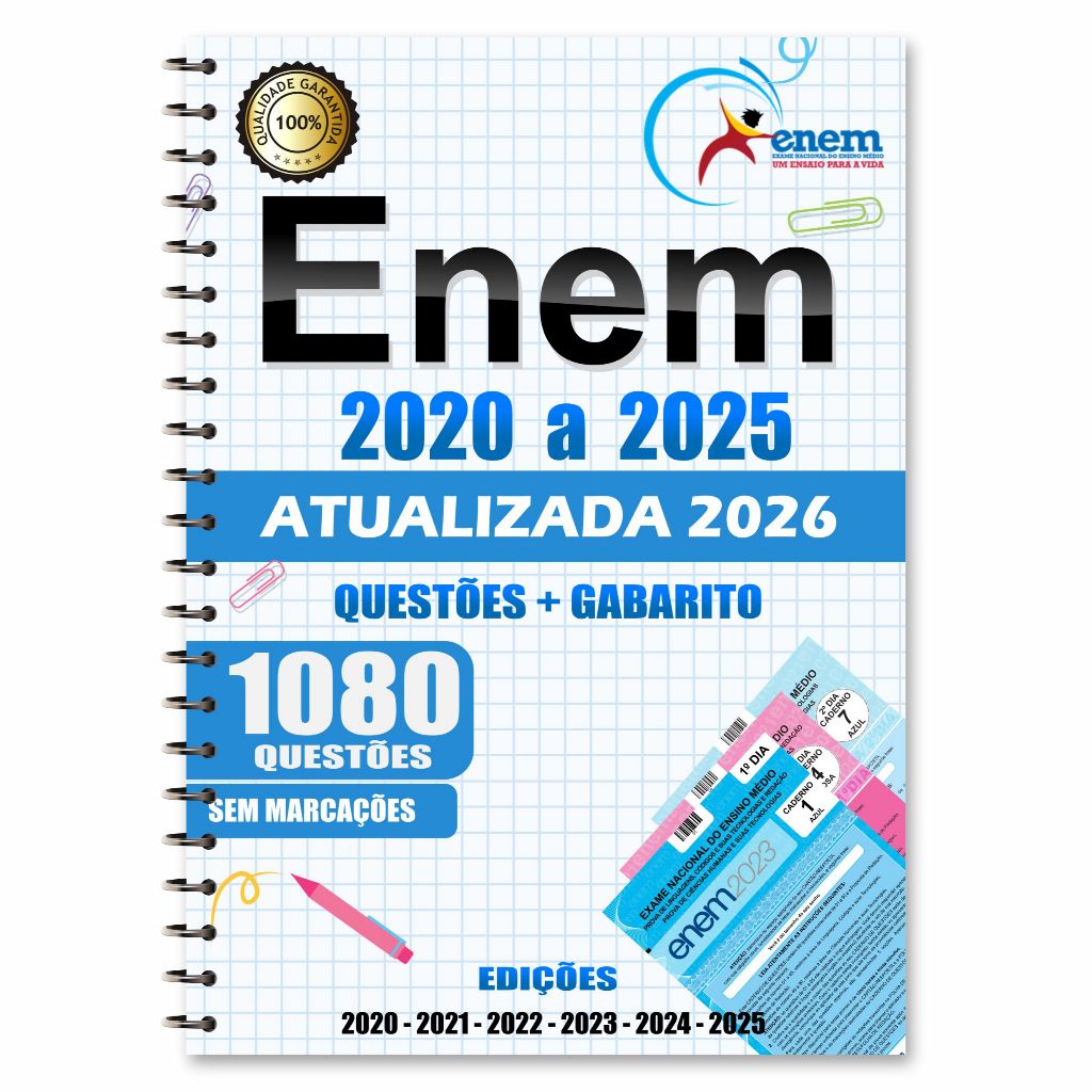 Apostila Enem 2026 com 6 ANOS de Provas 2020 a 2025 + Gabarito + Redação + Cartão Resposta