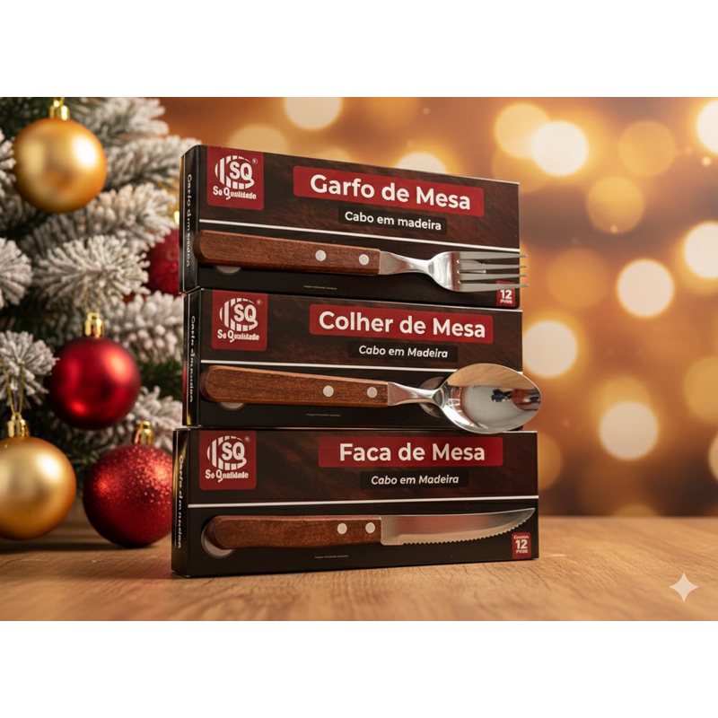 KIT COM 36 TALHERES: 12 COLHERES + 12 GARFOS  + 12 FACAS CABO DE MADEIRA E AÇO INOX